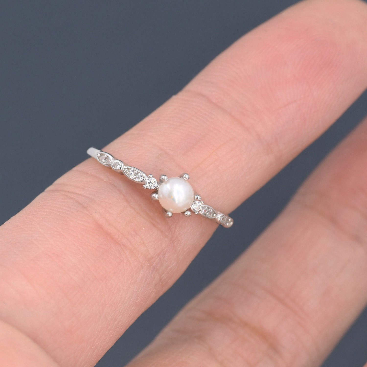Tiny Freshwater Pearl CZ Gemstone Ring