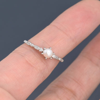 Genuine Freshwater Pearl and CZ  Ring in Sterling Silver, Silver,  Gold or Rose Gold, Natural Pearl Ring, US 5 - 8, Tiny Pearl Ring,