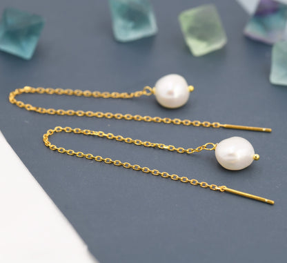 Genuine Fresh Water Pearl Threader Earrings in Sterling Silver, 9cm Long Ear Threaders, Natural Drop Baroque Pearl Ear Threaders,