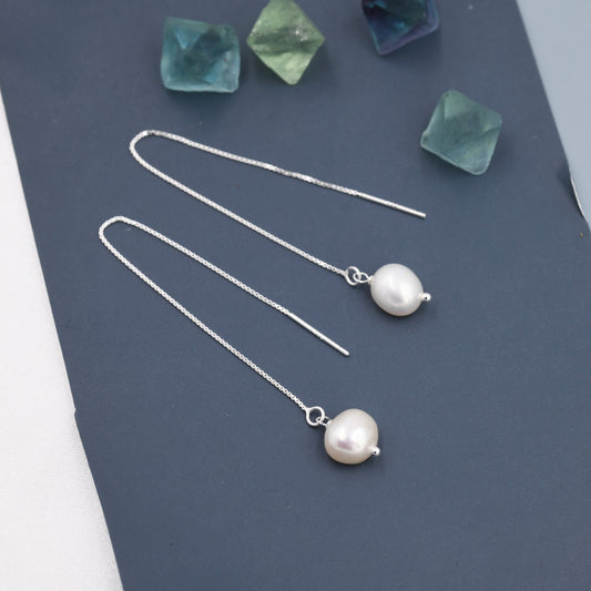 Baroque Pearl Threader Earrings in Sterling Silver, 9cm Long Ear Threaders, Natural Freshwater Pearls, Drop Ear Threaders,