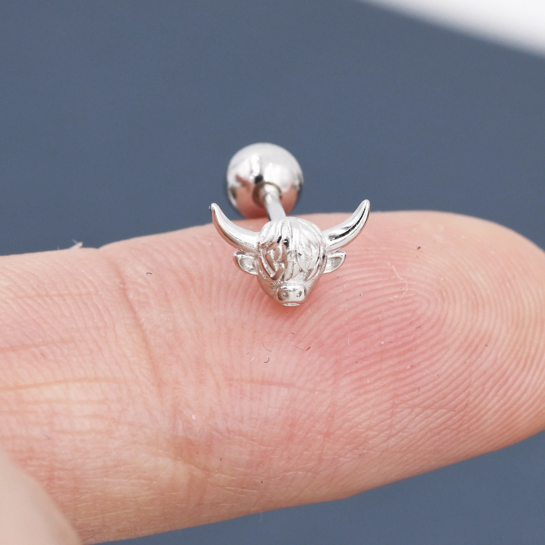 Tiny Highland Cow 18G Screw Back Earrings in Sterling Silver, Animal Earrings