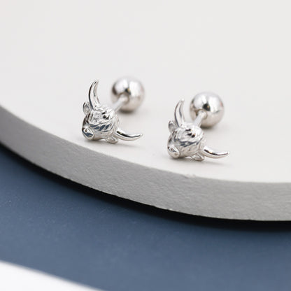 Extra Tiny Highland Cow Barbell Earrings in Sterling Silver, Cow Stud, Bull Earrings, Screw-back, Small Cow Stud, Scotland, Scottish