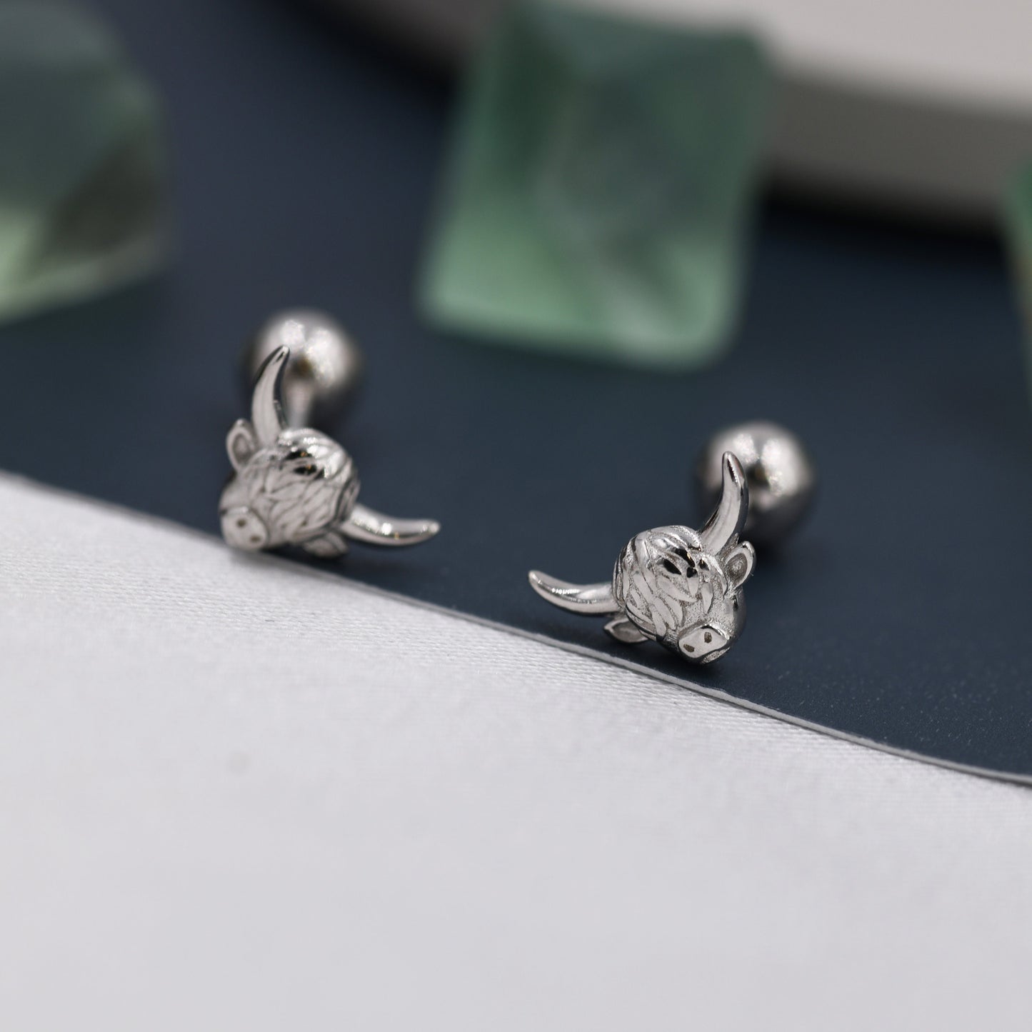 Extra Tiny Highland Cow Barbell Earrings in Sterling Silver, Cow Stud, Bull Earrings, Screw-back, Small Cow Stud, Scotland, Scottish