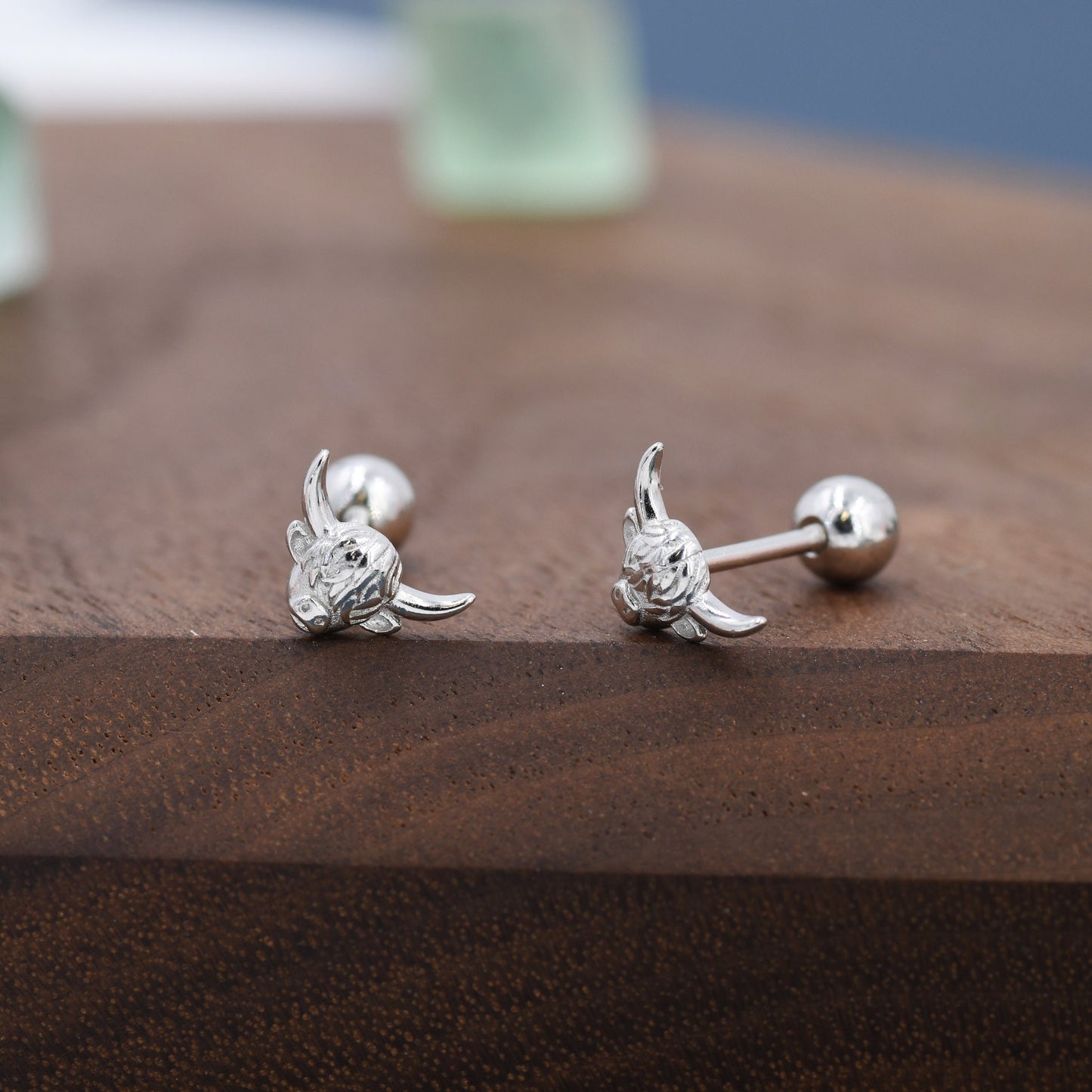 Extra Tiny Highland Cow Barbell Earrings in Sterling Silver, Cow Stud, Bull Earrings, Screw-back, Small Cow Stud, Scotland, Scottish