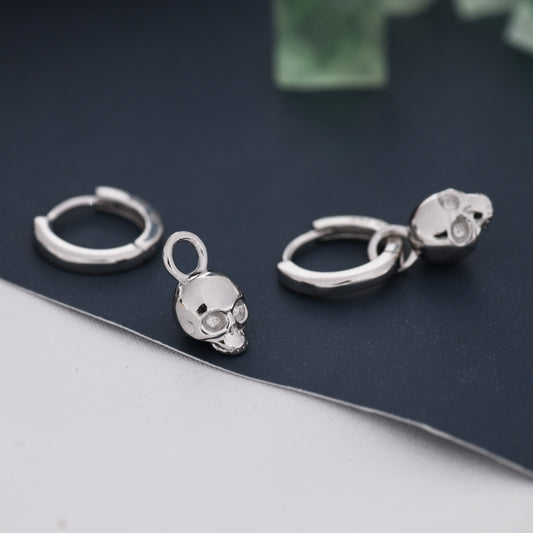 Sterling Silver Tiny Skull Hoop Earrings, 8mm Hoops, Detachable Charm Hoop Earrings, Silver or Gold, Interchangeable