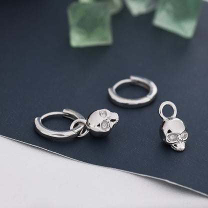 Sterling Silver Tiny Skull Hoop Earrings, 8mm Hoops, Detachable Charm Hoop Earrings, Silver or Gold, Interchangeable