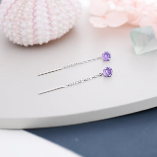 Sterling Silver Amethyst Purple CZ Threader Earrings, CZ Ear Jacket Earrings, Crystal Ear Threaders