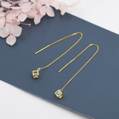 Caged CZ Cube Threaders Earrings in Sterling Silver, Silver or Gold, Crystal Cube Ear Threaders, 9cm long threaders, minimalist Threaders