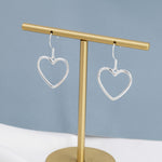 Sterling Silver Open Heart Drop Hook Earrings, Heart Drop Earrings, Delicate Large Heart Earrings