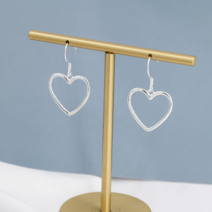 Sterling Silver Open Heart Drop Hook Earrings, Heart Drop Earrings, Delicate Large Heart Earrings