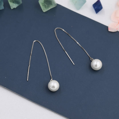 Pearl Ear Threaders in Sterling Silver, Dangle Pearl Earrings, Pearl Threader Earrings, Mother of Pearl Threaders