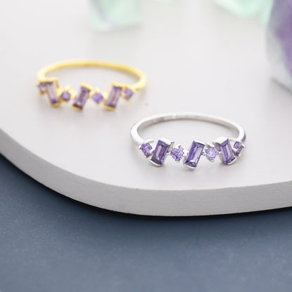 Lilac Purple Amethyst Baguette CZ Cluster Ring in Sterling Silver, Silver or Gold, Baguette Ring, Cluster Ring,  Organic Shape, US 5 - 8