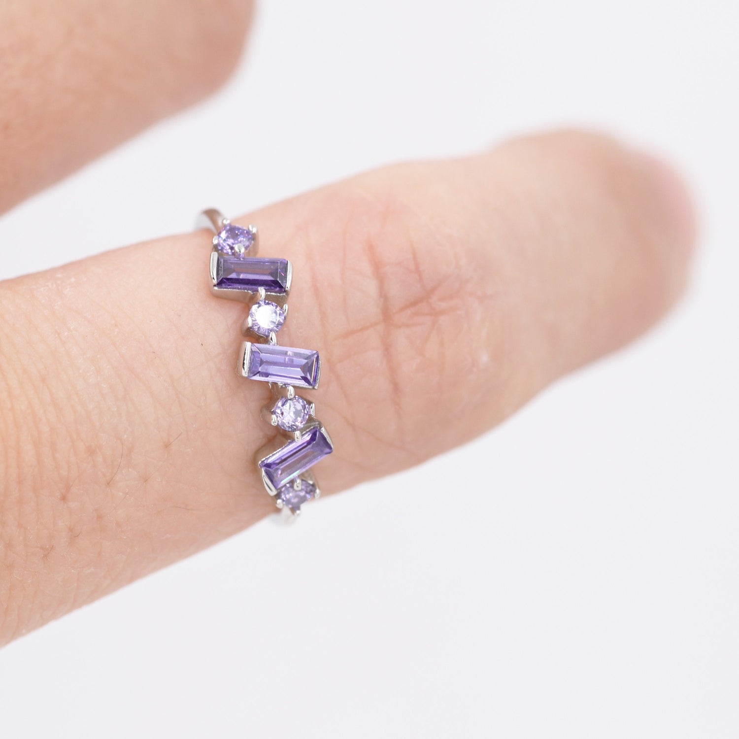 Lilac Purple Amethyst Baguette CZ Cluster Gemstone Ring