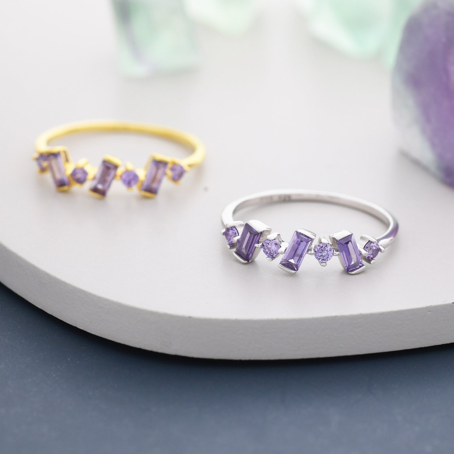 Lilac Purple Amethyst Baguette CZ Cluster Gemstone Ring