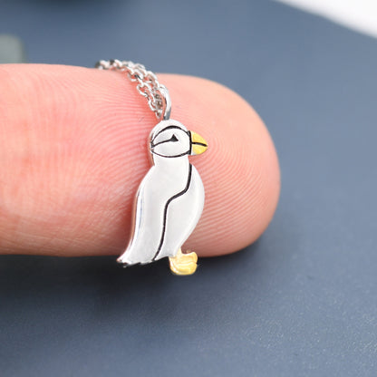 Puffin Bird Pendant Necklace in Sterling Silver, Cute Bird Necklace, Silver Bird Necklace