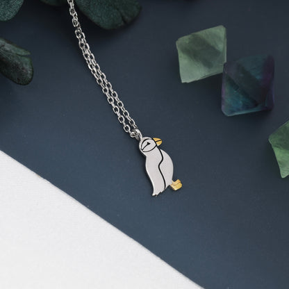 Puffin Bird Pendant Necklace in Sterling Silver, Cute Bird Necklace, Silver Bird Necklace