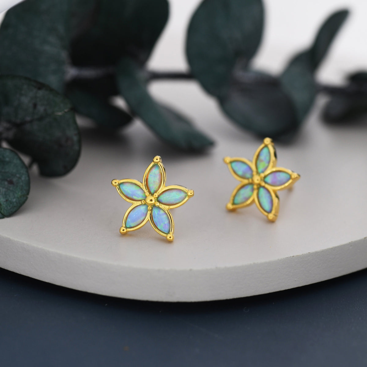 Blue Opal Flower Stud Earrings in Sterling Silver - Gold or Silver - Opal Forget-me-not - Opal Cluster - Petite Stud Earrings