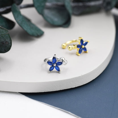 Sapphire Blue CZ Flower Ear Cuff in Sterling Silver, Silver or Gold, Simple Piercing Free Earrings, Minimalist Ear Cuff