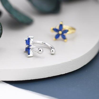 Sapphire Blue CZ Flower Ear Cuff in Sterling Silver, Silver or Gold, Simple Piercing Free Earrings, Minimalist Ear Cuff