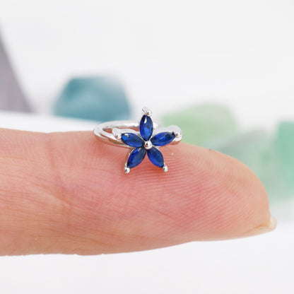 Sapphire Blue CZ Flower Ear Cuff in Sterling Silver, Silver or Gold, Simple Piercing Free Earrings, Minimalist Ear Cuff