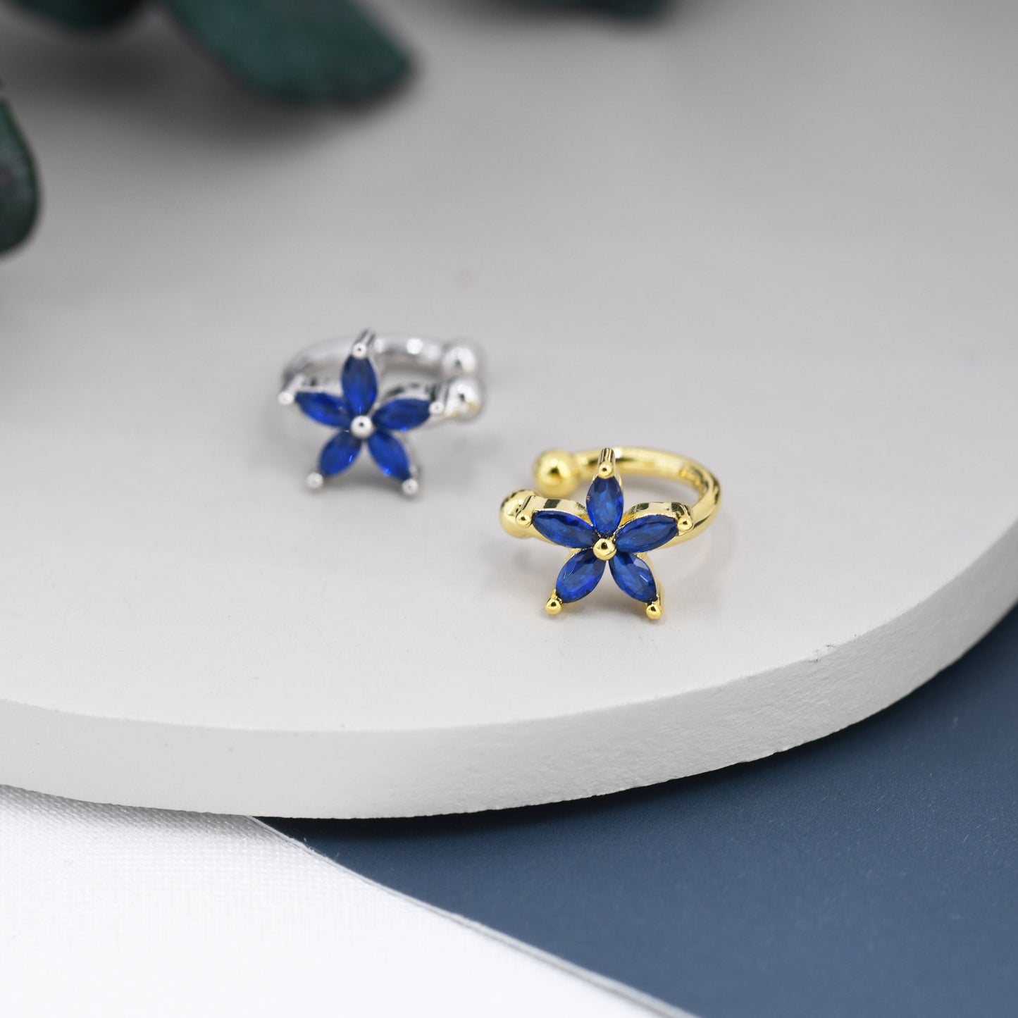 Sapphire Blue CZ Flower Ear Cuff in Sterling Silver, Silver or Gold, Simple Piercing Free Earrings, Minimalist Ear Cuff