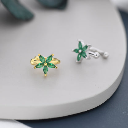 Emerald Green CZ Flower Ear Cuff in Sterling Silver, Silver or Gold, Simple Piercing Free Earrings, Minimalist Ear Cuff