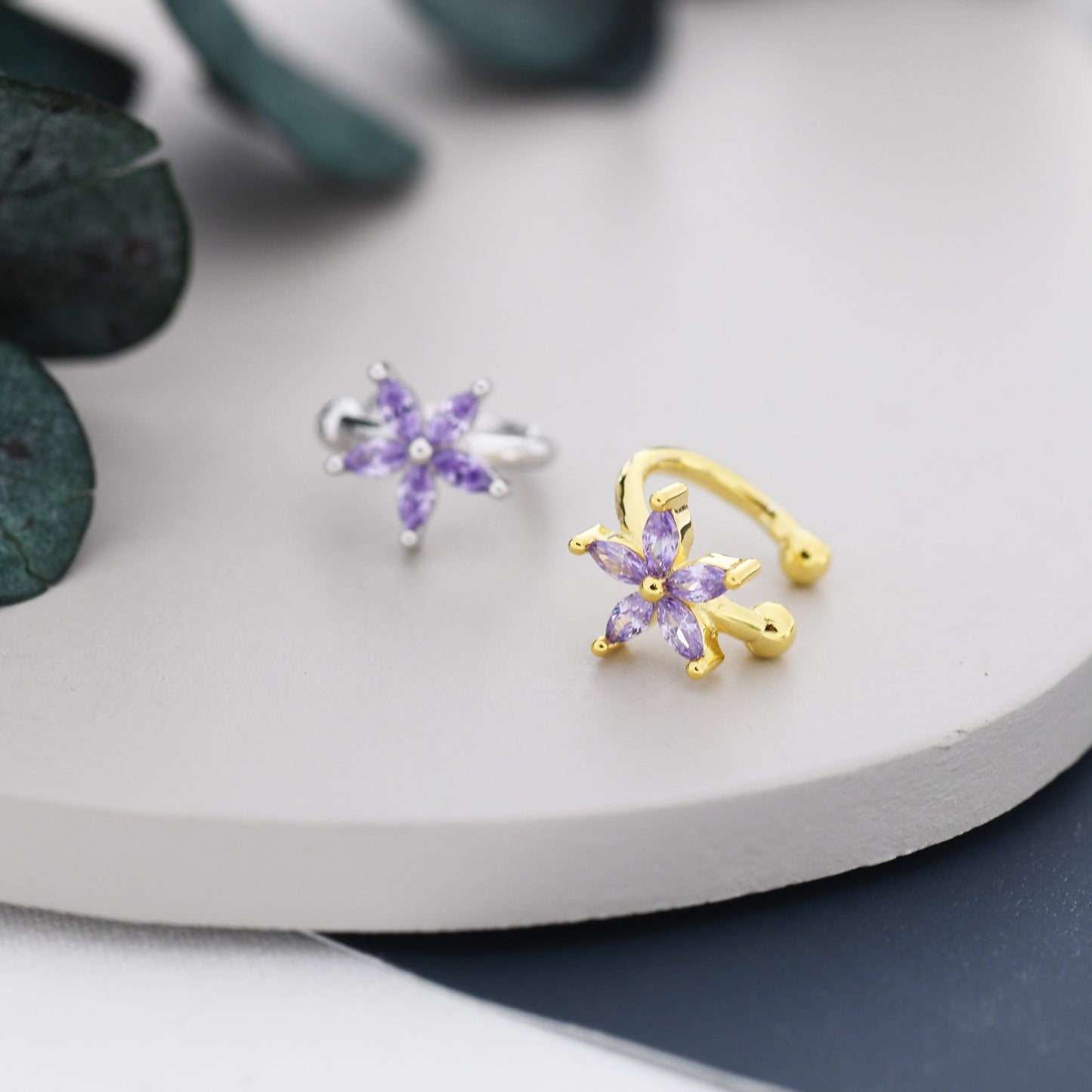 Lilac Purple CZ Flower Ear Cuff in Sterling Silver, Silver or Gold, Simple Piercing Free Earrings, Minimalist Ear Cuff