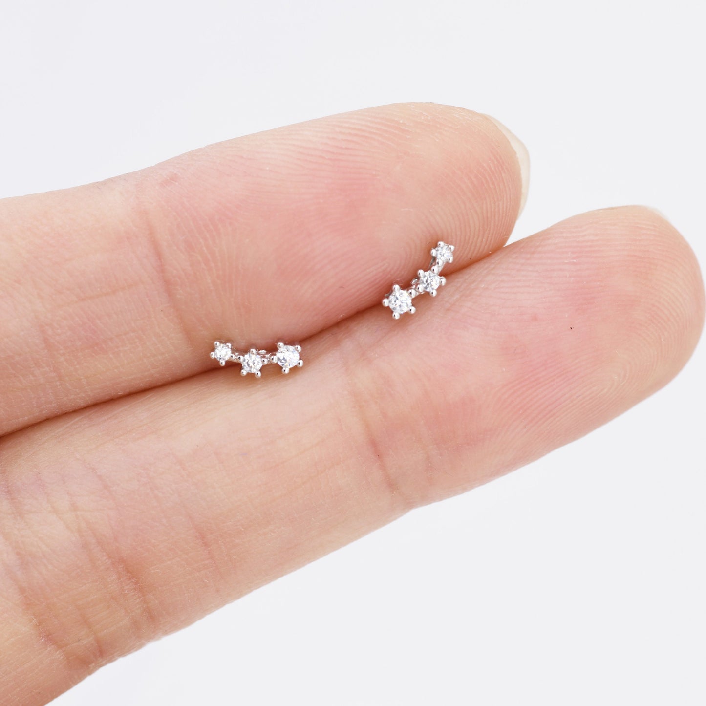 Extra Tiny CZ Trio Stud Earrings in Sterling Silver, Silver or Gold, Geometric Tiny Three Star CZ Earrings, Stacking Earrings