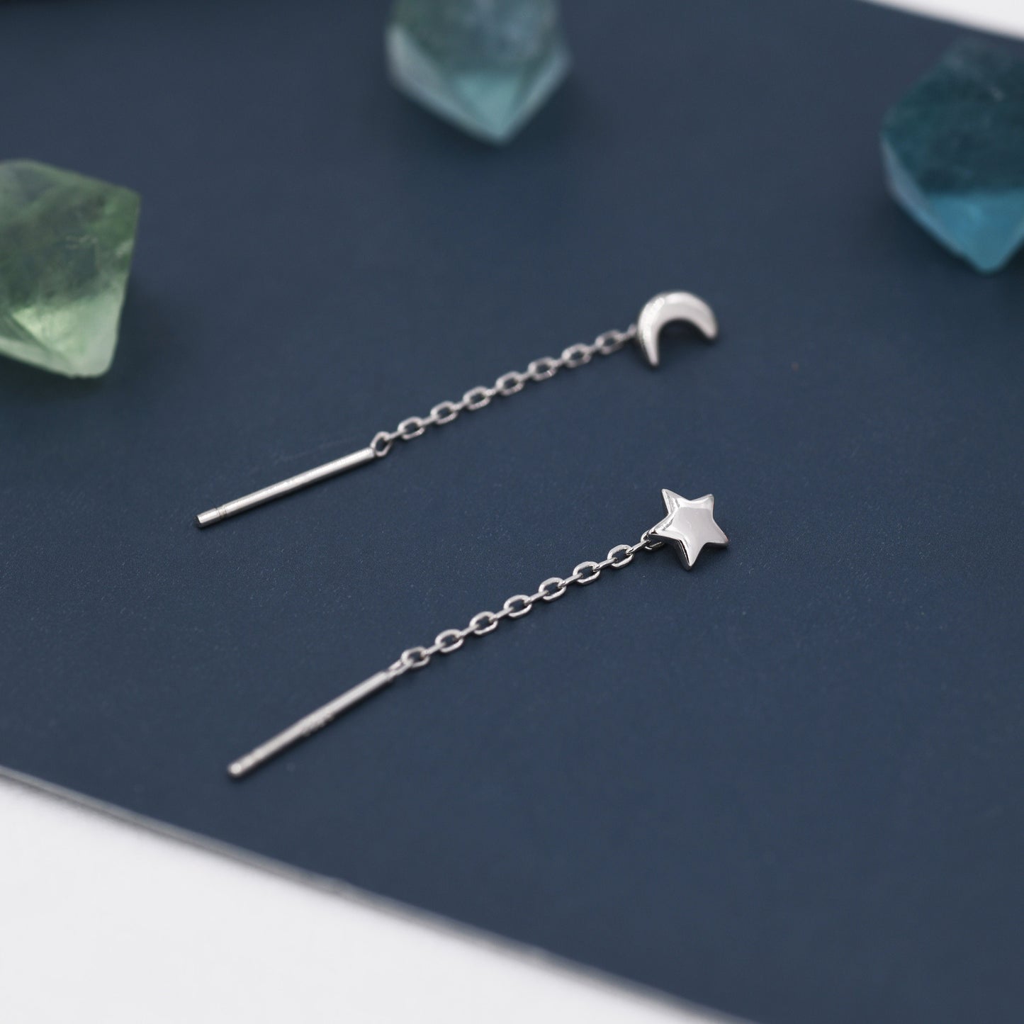 Sterling Silver Moon and Star Threader Earrings, Moon and Star Ear Threaders, Celestial Jeweller