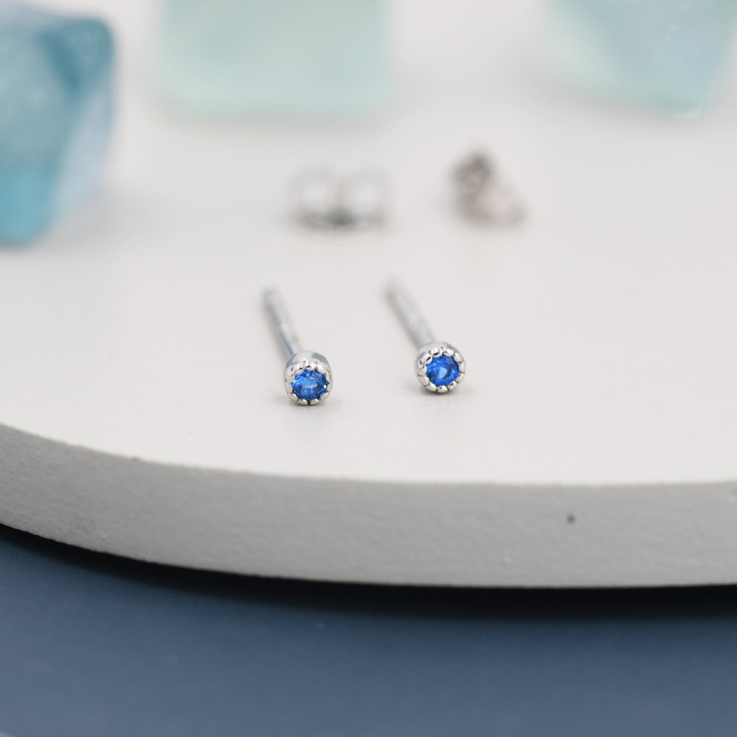 Extra Tiny 2mm Aquamarine Blue CZ Stud Earrings in Sterling Silver, Barely Visible CZ Earrings, Stacking Earrings, Extra Small Stud Earrings