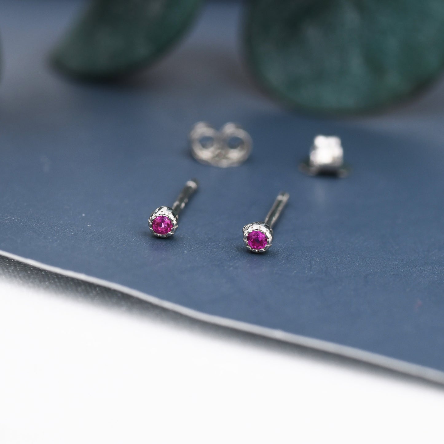 Extra Tiny 2mm Ruby Red CZ Stud Earrings in Sterling Silver, Barely Visible CZ Earrings, Stacking Earrings, Extra Small Stud Earrings