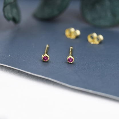 Extra Tiny 2mm Ruby Red CZ Stud Earrings in Sterling Silver, Barely Visible CZ Earrings, Stacking Earrings, Extra Small Stud Earrings