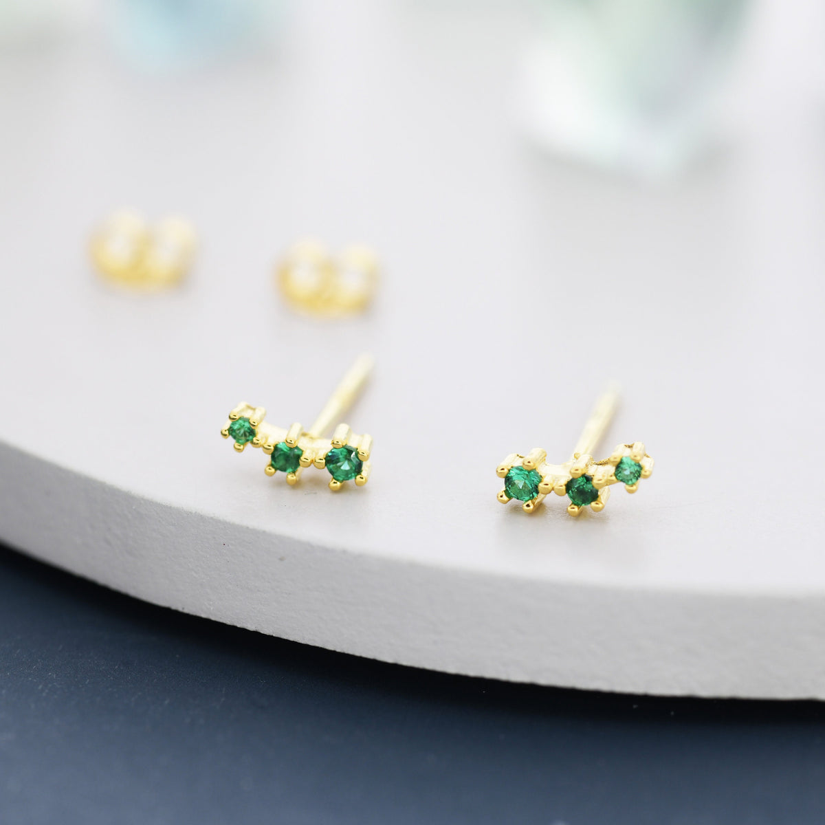 Emerald Green CZ Trio Stud Earrings