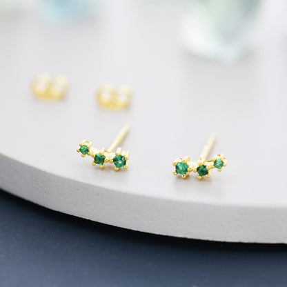 Extra Tiny Emerald Green CZ Trio Stud Earrings in Sterling Silver, Silver or Gold, Geometric Tiny Three Star CZ Earrings, Stacking Earrings