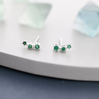 Extra Tiny Emerald Green CZ Trio Stud Earrings in Sterling Silver, Silver or Gold, Geometric Tiny Three Star CZ Earrings, Stacking Earrings