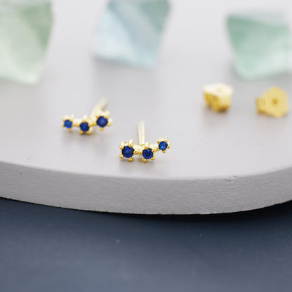 Extra Tiny Sapphire Blue CZ Trio Stud Earrings in Sterling Silver, Silver or Gold, Geometric Tiny Three Star CZ Earrings, Stacking Earrings