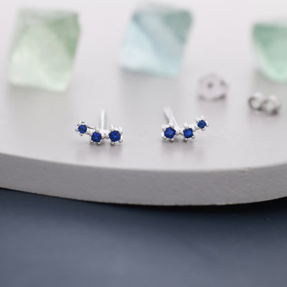 Extra Tiny Sapphire Blue CZ Trio Stud Earrings in Sterling Silver, Silver or Gold, Geometric Tiny Three Star CZ Earrings, Stacking Earrings