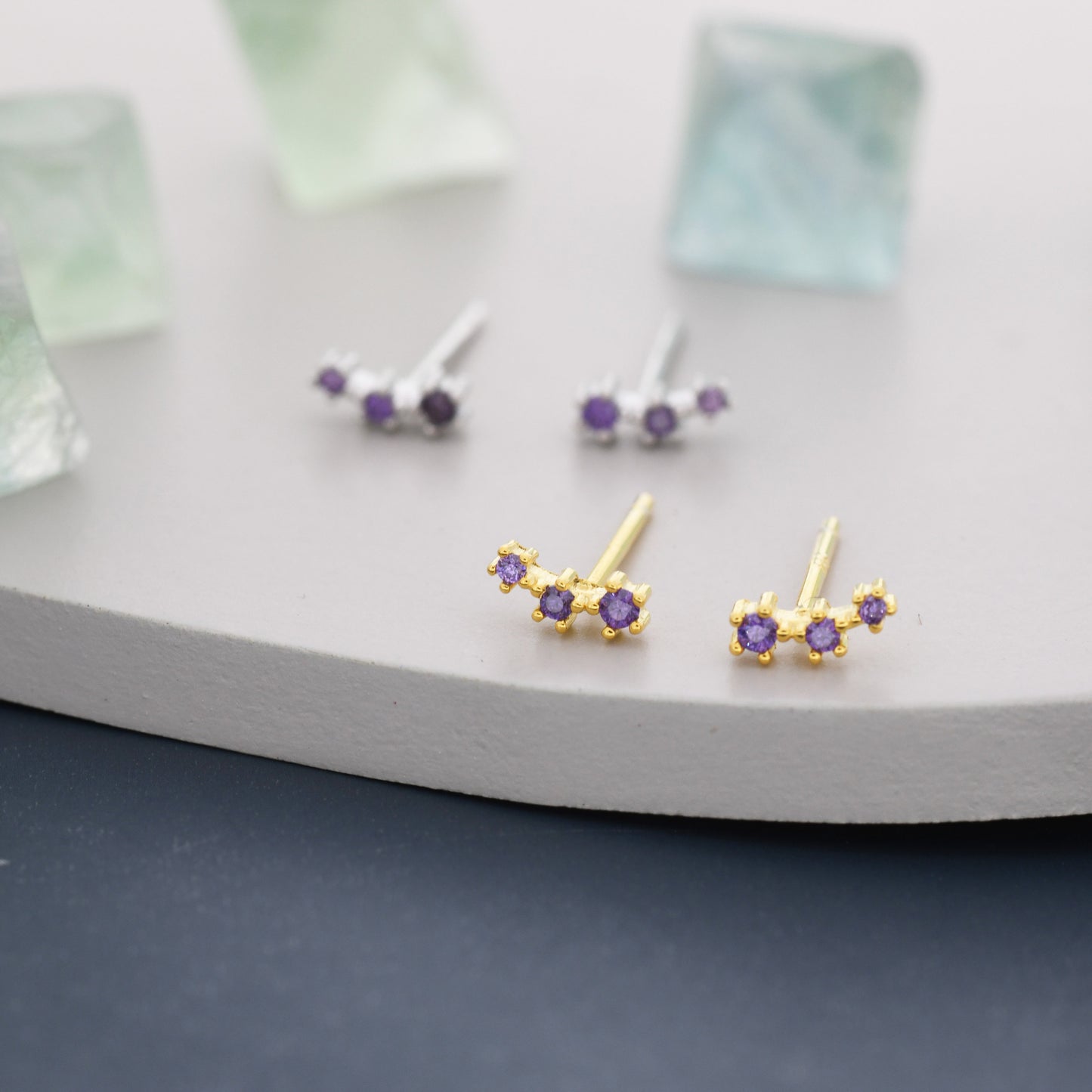 Extra Tiny Amethyst Purple CZ Trio Stud Earrings in Sterling Silver, Silver or Gold, Tiny Three Star CZ Earrings, Stacking Earrings