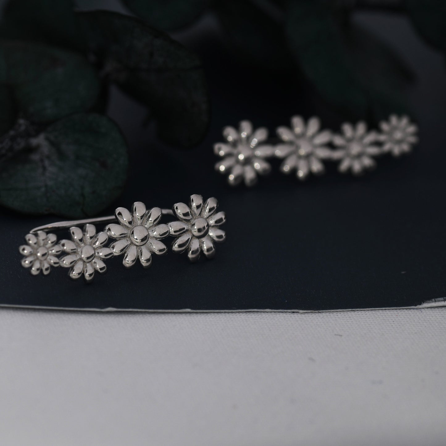 Daisy Flower Crawler Earrings in Sterling Silver, Daisy Chain,  Flower Earrings, Ear Climbers, Daisy Earrings