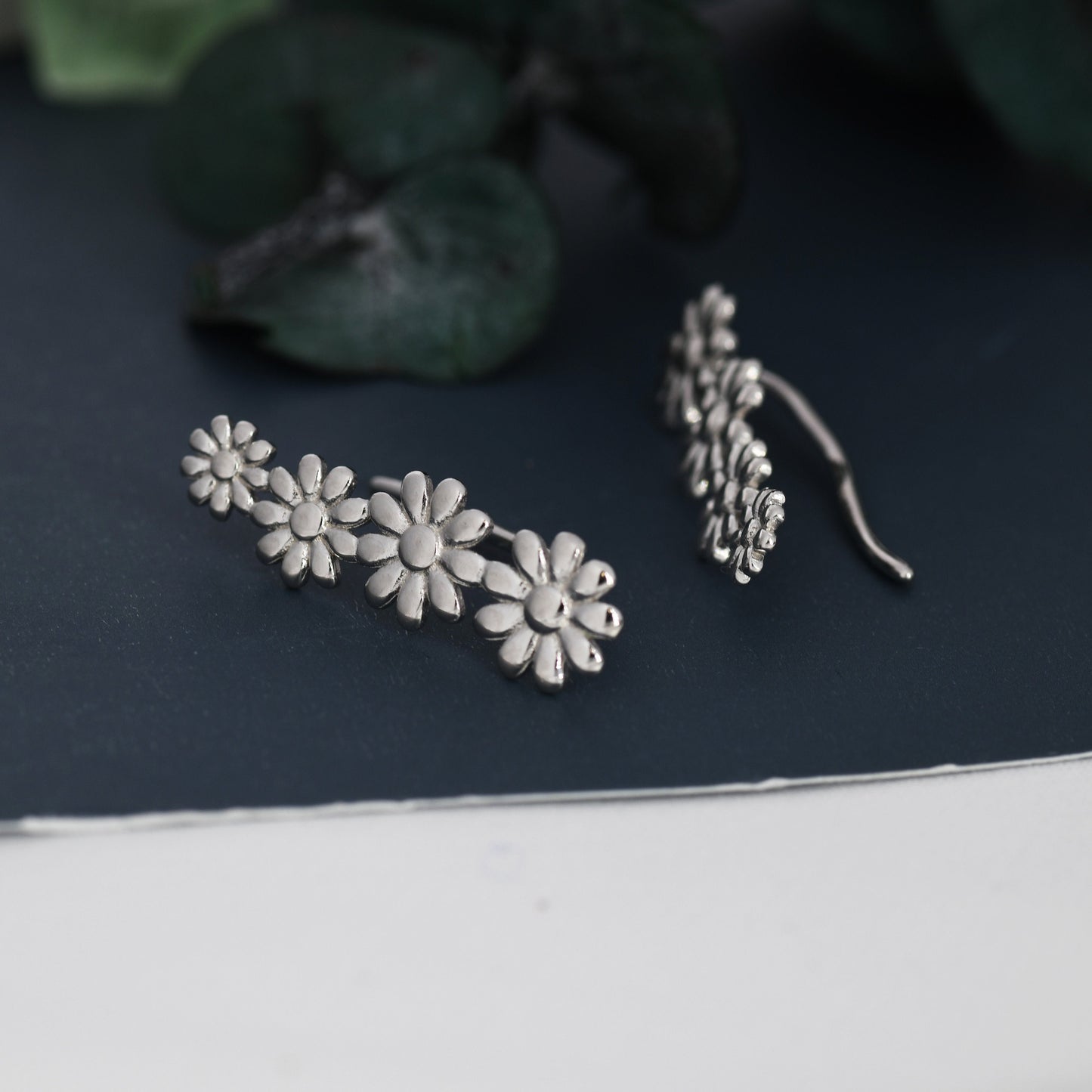 Daisy Flower Crawler Earrings in Sterling Silver, Daisy Chain,  Flower Earrings, Ear Climbers, Daisy Earrings