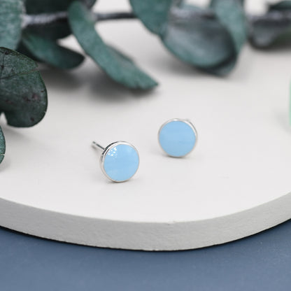 Blue Circle Dot Stud Earrings in Sterling Silver with Hand Painted Enamel, Pastel Stud, Enamel Dot, 6mm