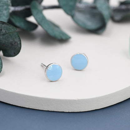 Blue Circle Dot Stud Earrings in Sterling Silver with Hand Painted Enamel, Pastel Stud,  Enamel Dot, 6mm