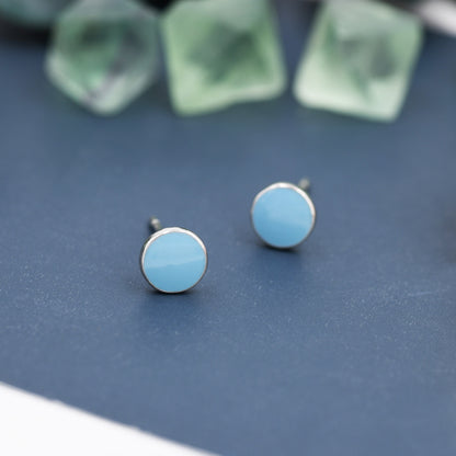 Blue Circle Dot Stud Earrings in Sterling Silver with Hand Painted Enamel, Pastel Stud,  Enamel Dot, 6mm