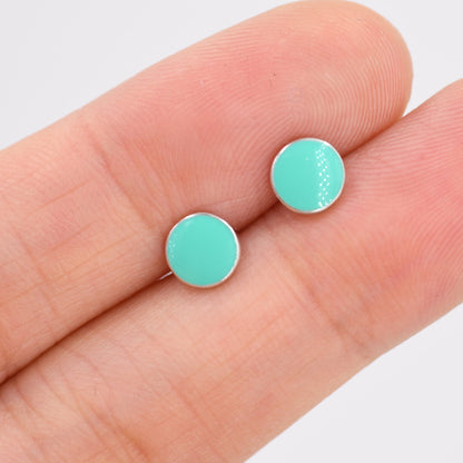 Teal Green Circle Dot Stud Earrings in Sterling Silver with Hand Painted Enamel, Pastel Stud,  Enamel Dot, 6mm