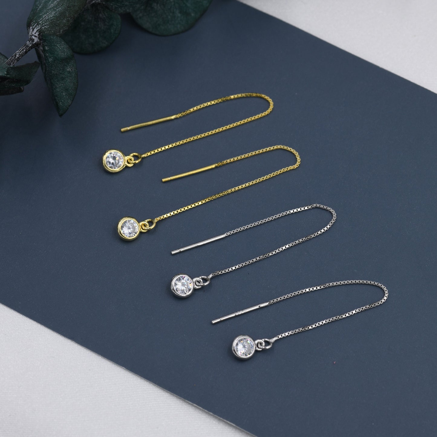 CZ Dot Threader Earrings in Sterling Silver, Silver or Gold, Minimalist Ear Threaders, Sparkly Crystal Threaders, 7cm Threaders