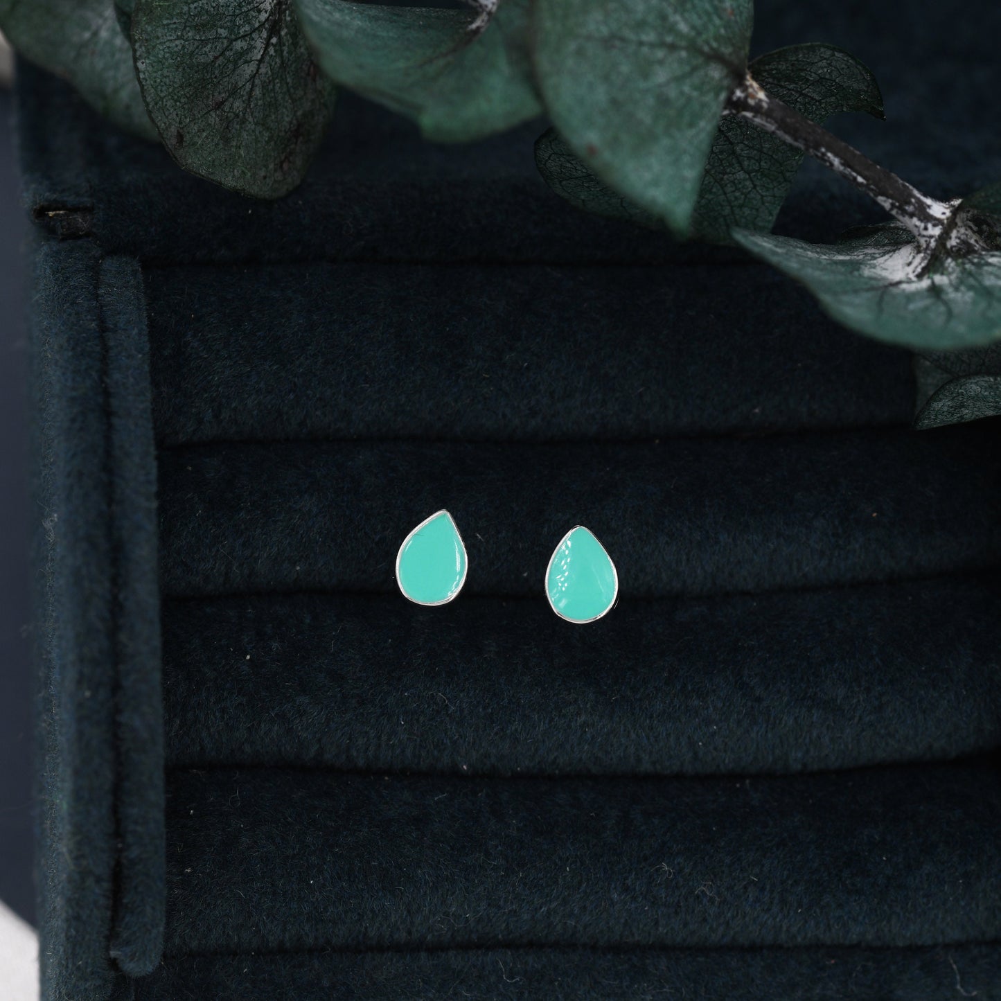 Teal Green  Droplet Dot Stud Earrings in Sterling Silver with Hand Painted Enamel, Pastel Stud,  Enamel Droplet, Drop Shape