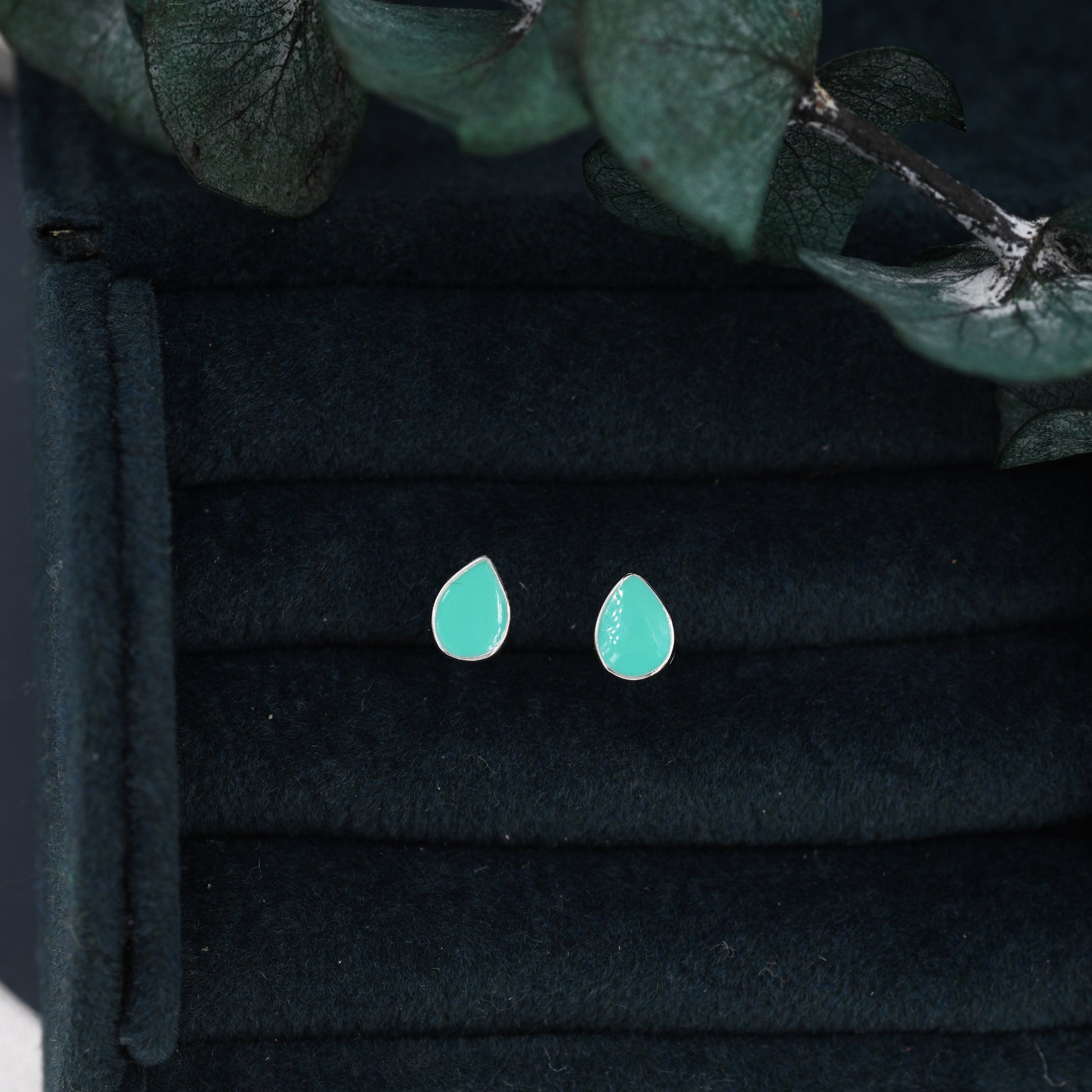 Teal Green Droplet Dot Stud Earrings in Sterling Silver with Hand Painted Enamel, Pastel Stud, Enamel Droplet, Drop Shape