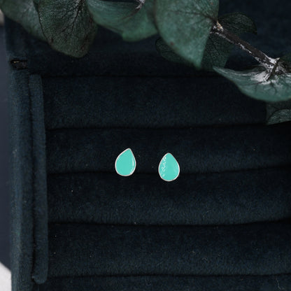 Teal Green Droplet Dot Stud Earrings in Sterling Silver with Hand Painted Enamel, Pastel Stud, Enamel Droplet, Drop Shape