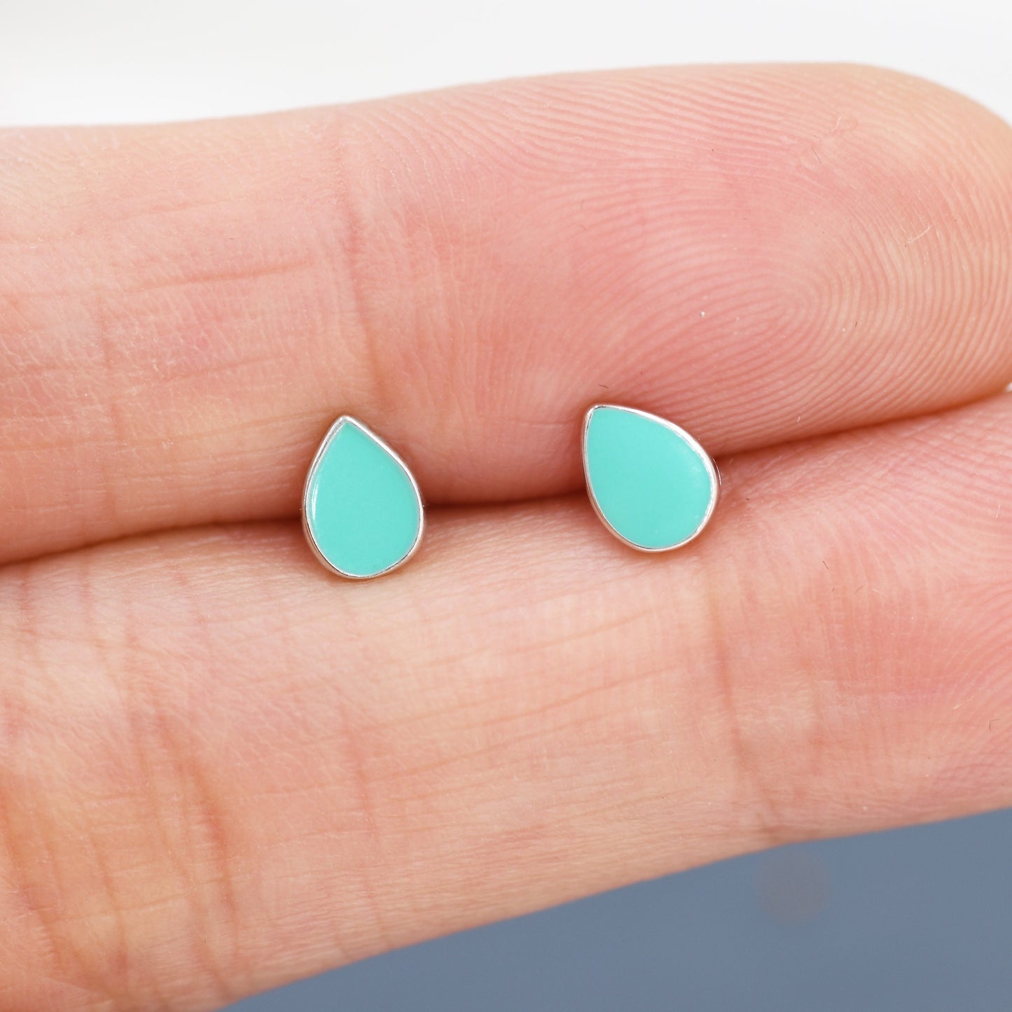 Teal Green  Droplet Dot Stud Earrings in Sterling Silver with Hand Painted Enamel, Pastel Stud,  Enamel Droplet, Drop Shape