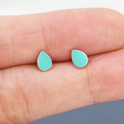 Teal Green  Droplet Dot Stud Earrings in Sterling Silver with Hand Painted Enamel, Pastel Stud,  Enamel Droplet, Drop Shape